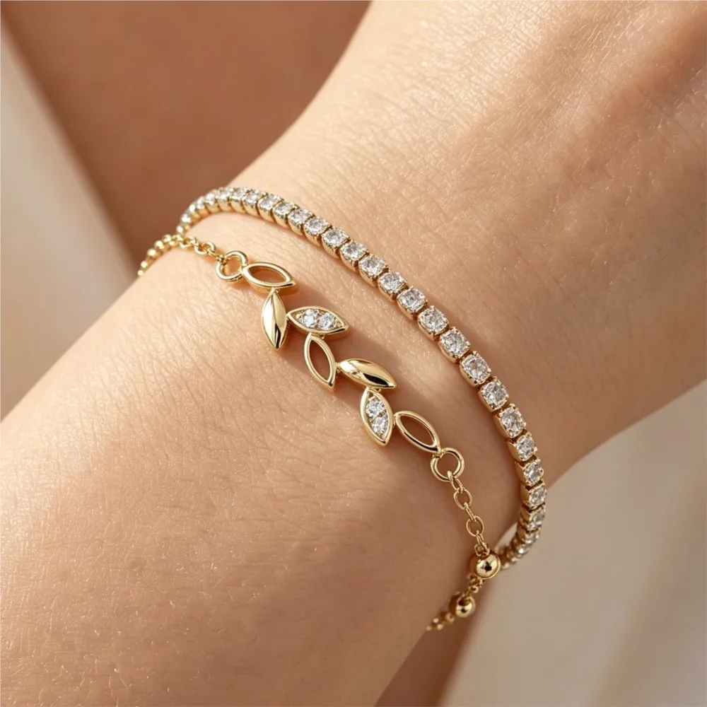 Elegant Leaf Zircon Bracelets Gold Color Plated Hand Chain Fashion Jewelry Wedding Party Accessory Daily Gift For Women Female