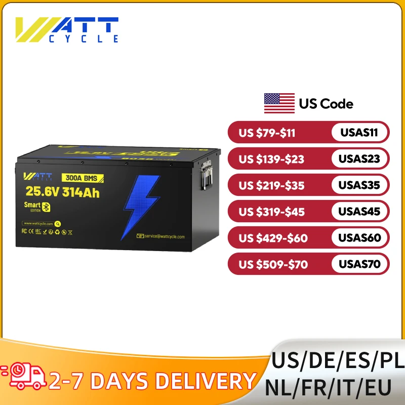 

Литиевая батарея Wattcycle 24 В, 314 Ач LiFePO4, 300 А BMS с энергией Bluetooth 8038 Втч, идеально подходит для домашней энергии, автофургонов, морской пехоты, солнечной энергии