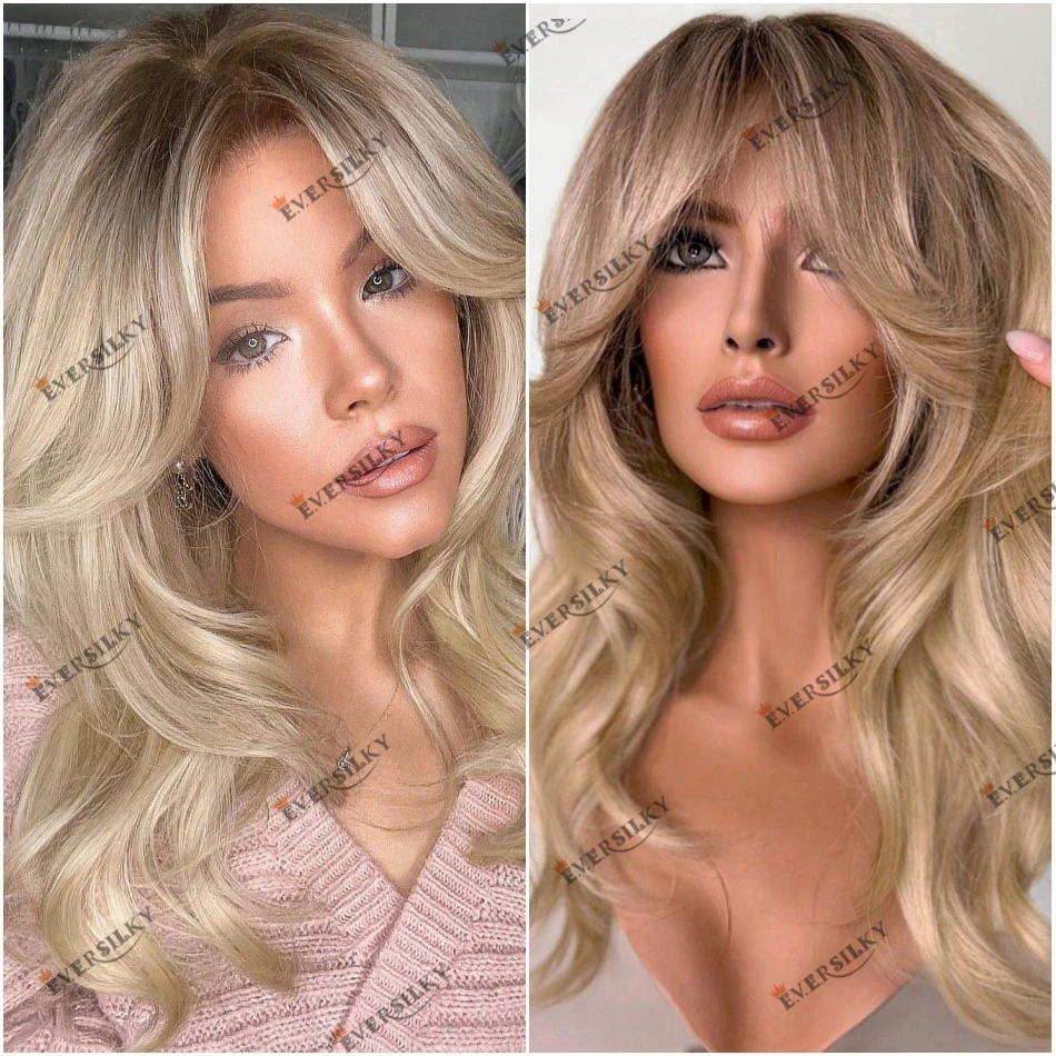 

Transparent Swiss Lace Human Hair Blonde Ombre Curtain Bangs Brown Root Wavy Lace Front Wig 13x6 Deep Part 180 Density Wig