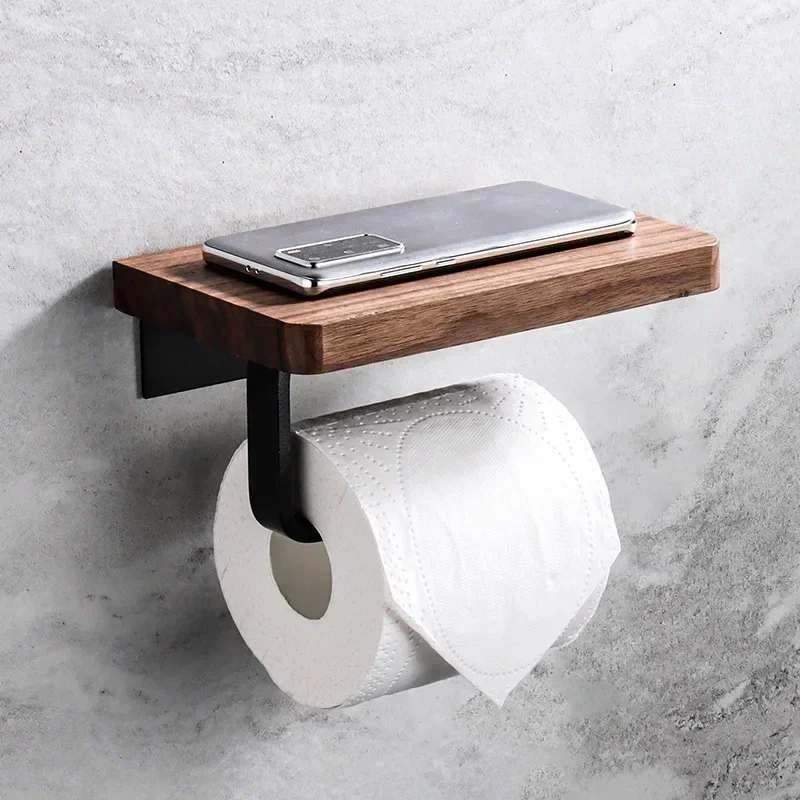 Wooden Toilet Paper Holder Bathroom Wall Mount WC Paper Phone Holder Shelf Storage Towel Roll Shelf Accessories