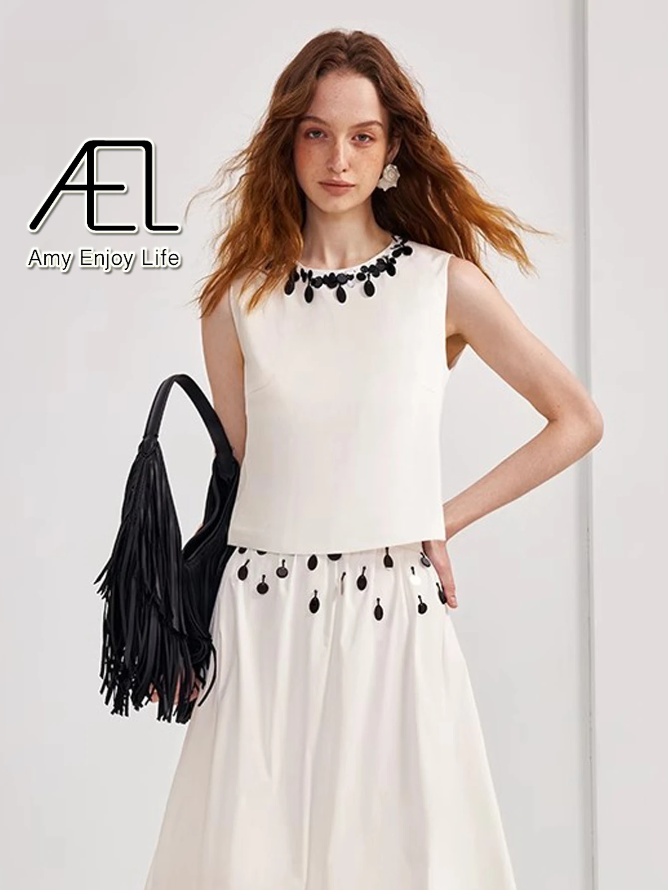 AEL 여성용 O 넥 조끼 스팽글 탑 여성용 민소매 미니멀리스트 디자인