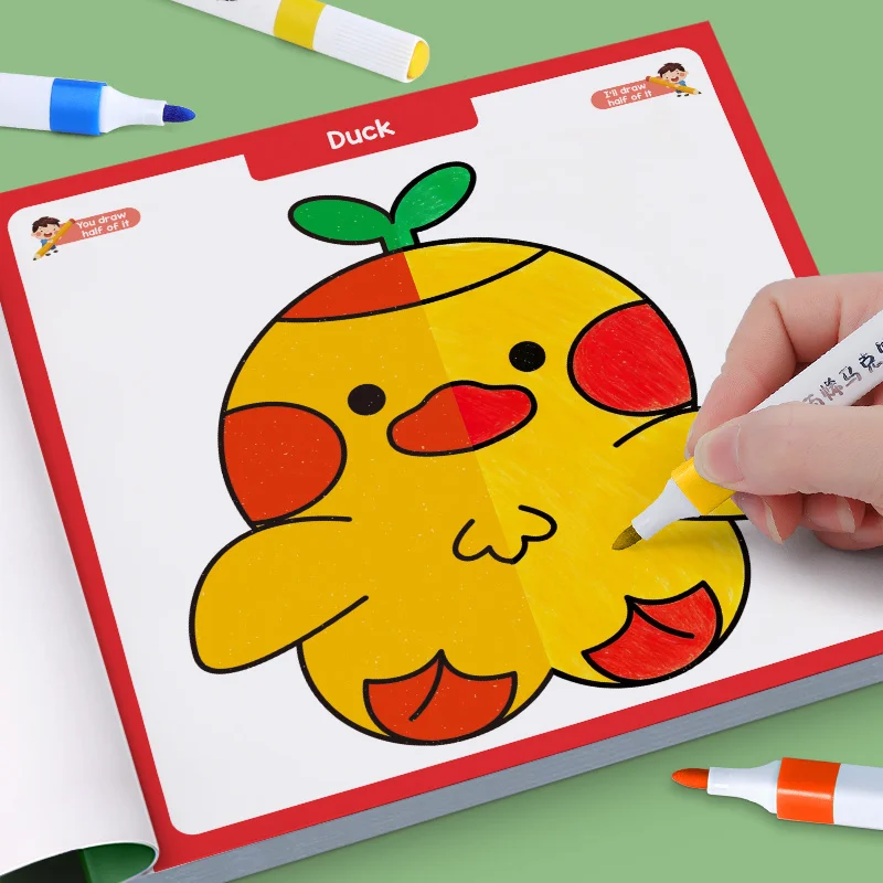 Fun Symmetrical Drawing Book, 32 Pages Coloring Graffiti Drawing Book, Interesting Children's Half Coloring Book