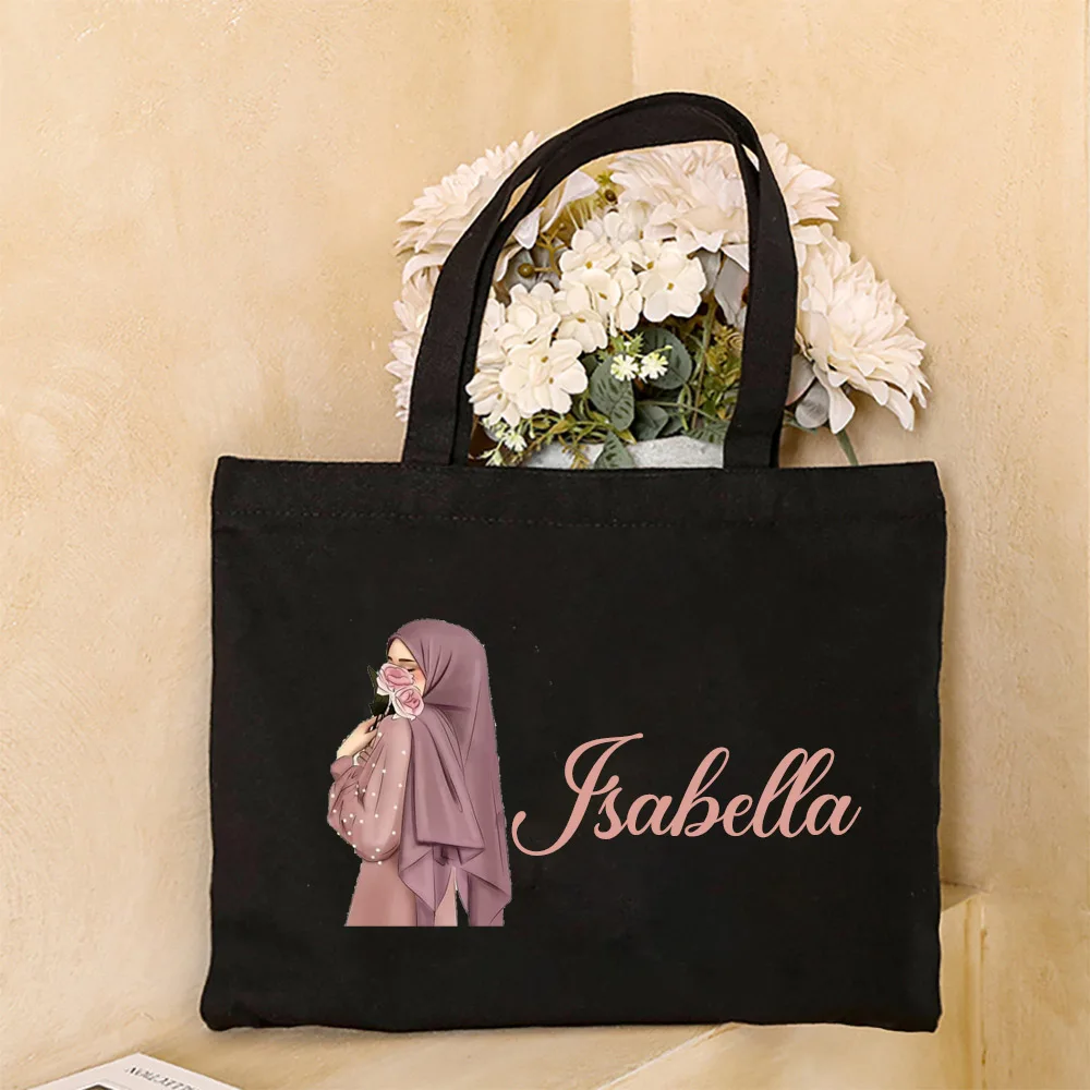 Personalised Hijabi Girl Tote Bag Female Travel Canvas Bags Muslim Girl Gift Custom Name Shoulder Bag Harajuku Handbag Eid Gifts