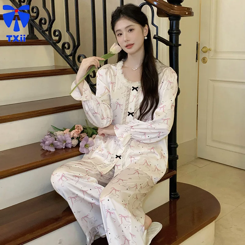 French Pajamas Women's Long-sleeved Pants Sweet Crewneck Princess Style Ice Silk suit Printed Pajamas Home Wear Outwear