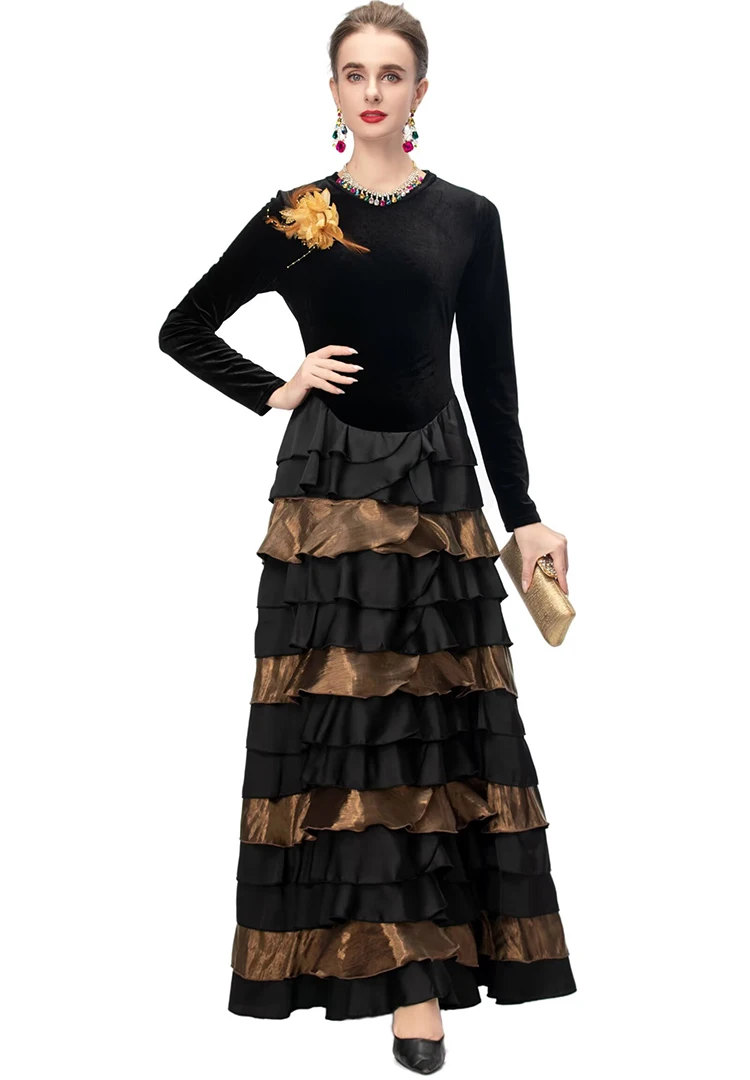 Dldenghan feminino veludo retalhos em camadas babados o pescoço manga longa maxi vestido vintage bolo estilo vestidos outono feminino