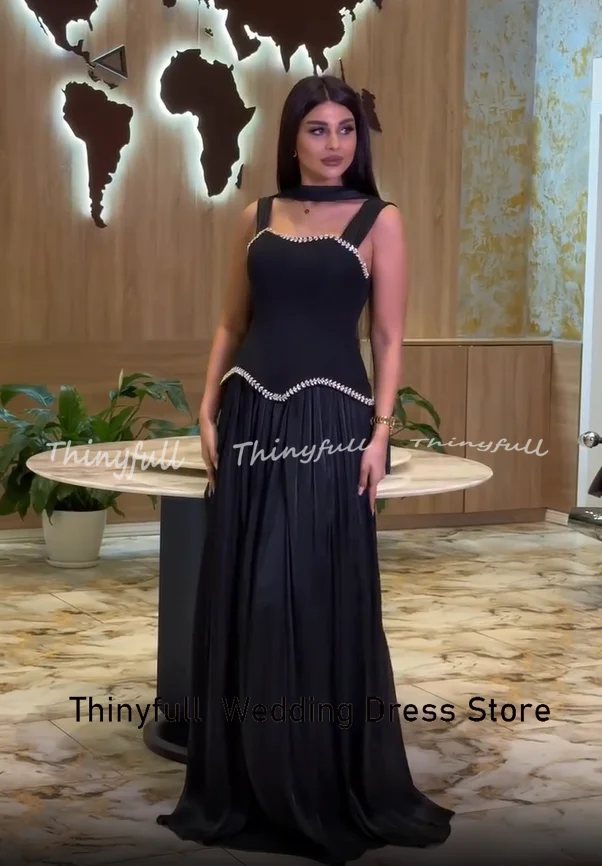 Gaun Prom Satin Berkilau Model A-line Tanpa Lengan dengan Kristal, Gaun Malam Arab Panjang, Gaun Formal, robes de soirée, Dapat Dipesan Sesuai Ukuran