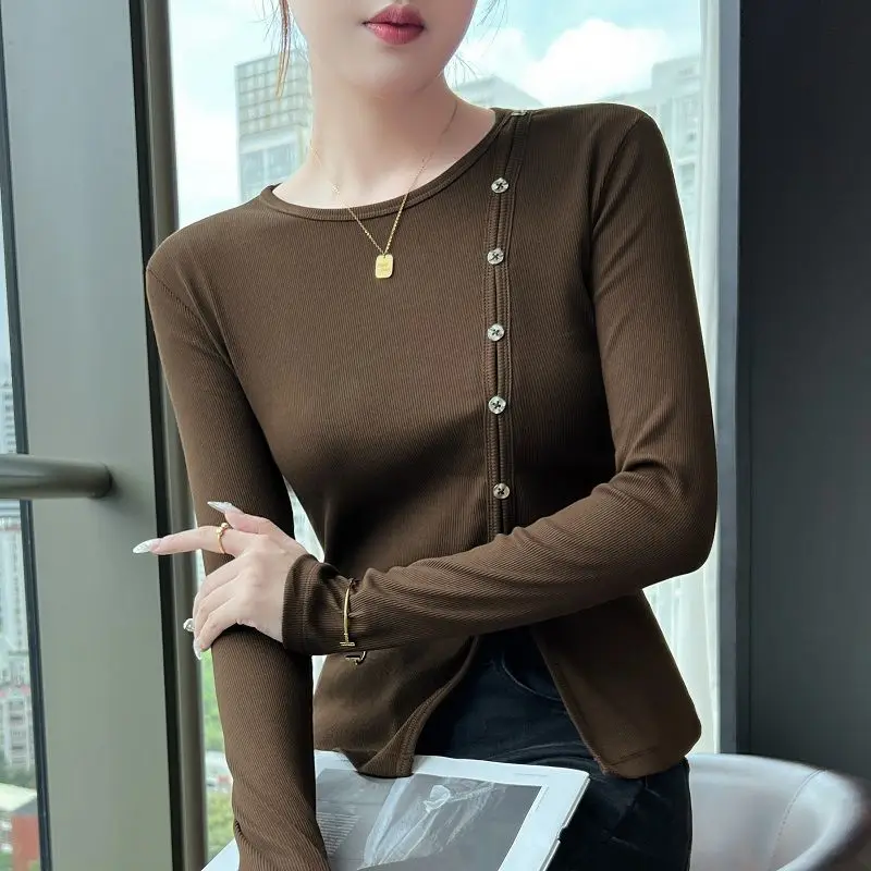 Round Neck Pullover Slim Fit Inner Top T-shirt with Slanted Placket Long Sleeve Temperament Commuting Simple Design Base Shirt