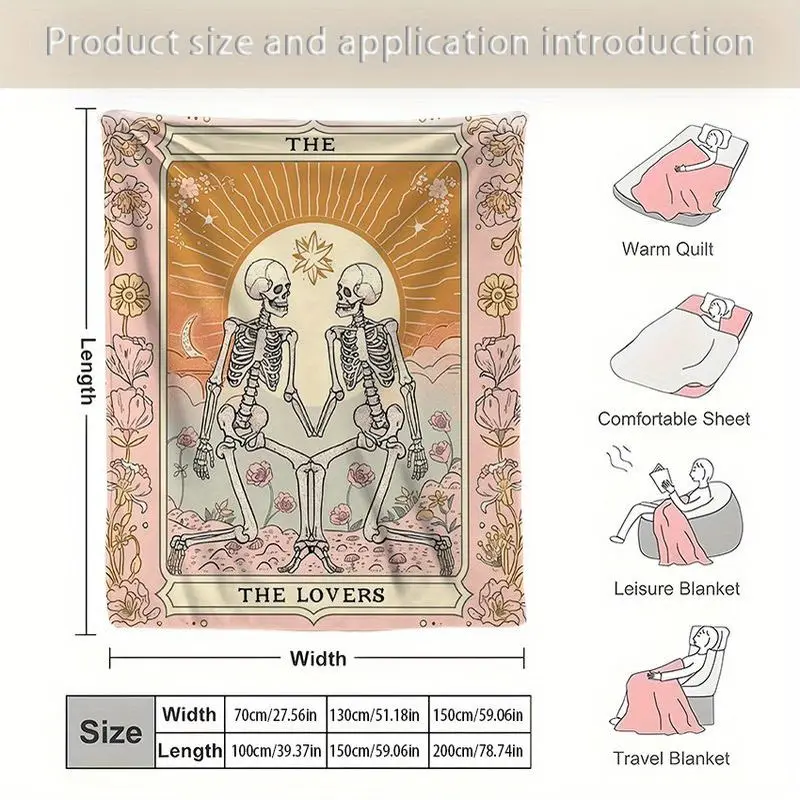 VIKAMA Mystic The Lovers Tarot Flannel Throw Blanket Skeleton Couple Floral Pattern Soft Blanket Bedroom Sofa Home Decoration