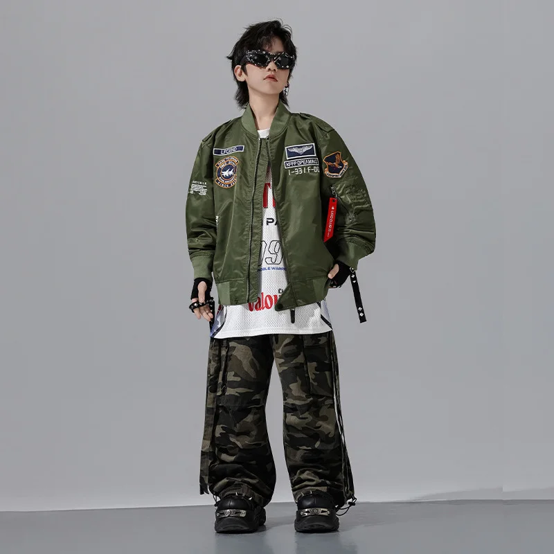 Children Boys Girls Streetwear Hip Hop Loose Embroidered Bomber Jacket Pant Sets Kids Spring Autumn Coat Trousers Tracksuits