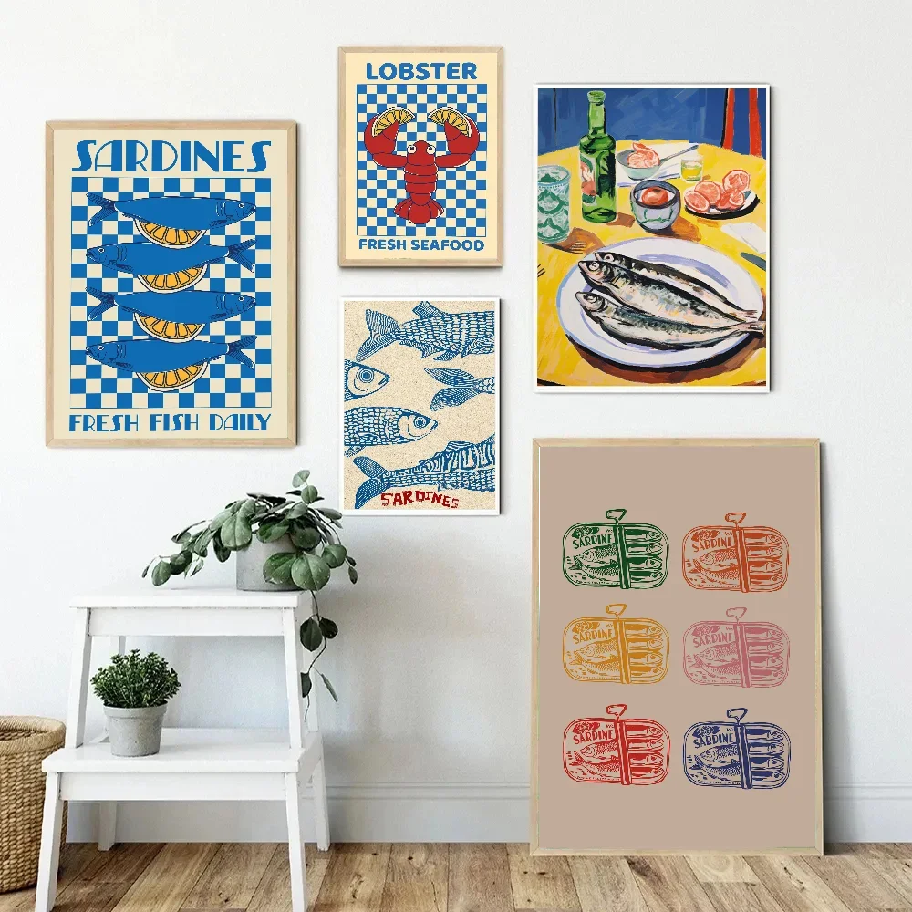 Pósteres Vintage clásicos con diseño de sardina, langosta, pez, océano, animales, impresiones de papel blanco, obra de arte, decoración de habitación Kawaii