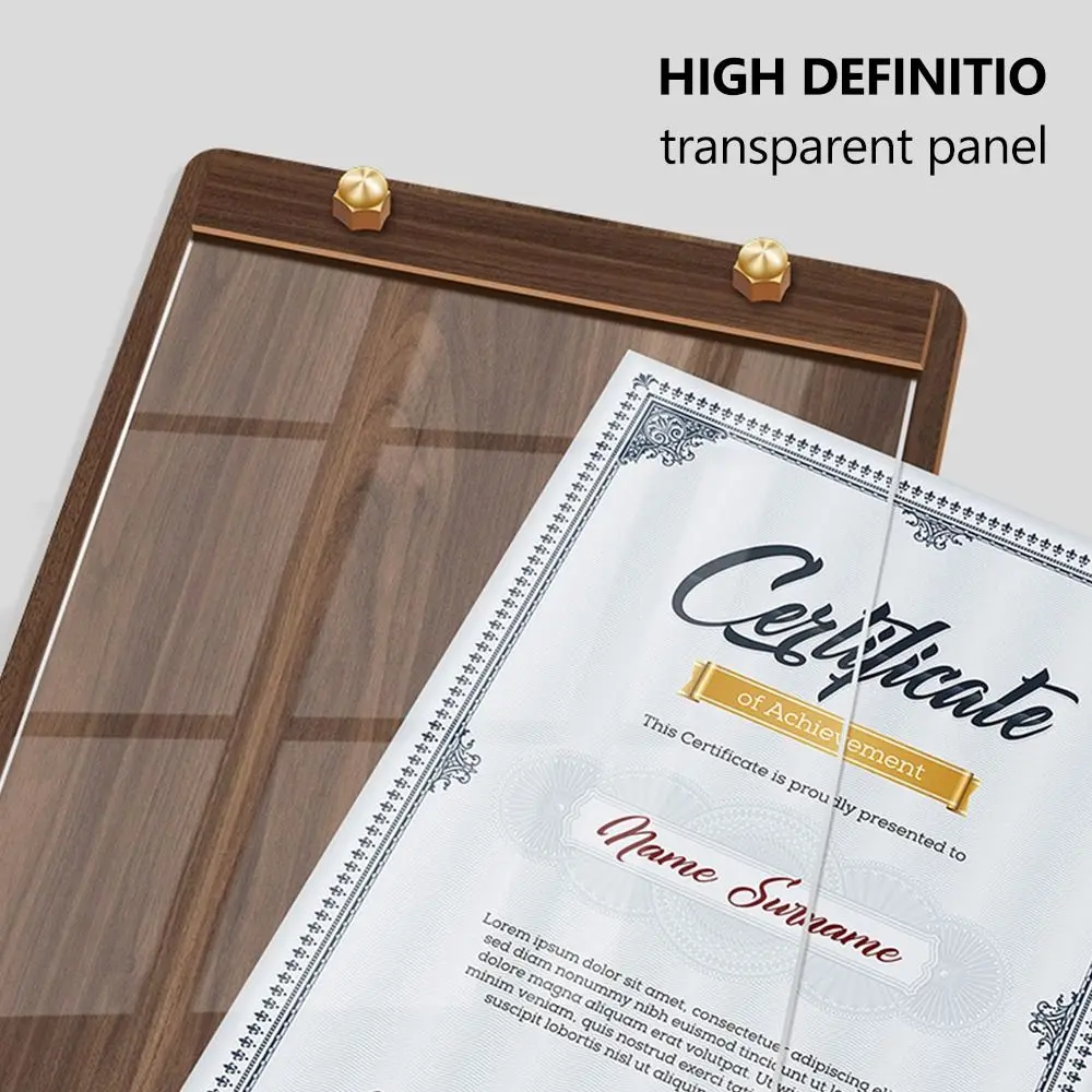 Tablero de exhibición de escritorio A4/A5/A6, menú de madera de nogal sintético marrón, soporte Vertical, Panel transparente, Base estable