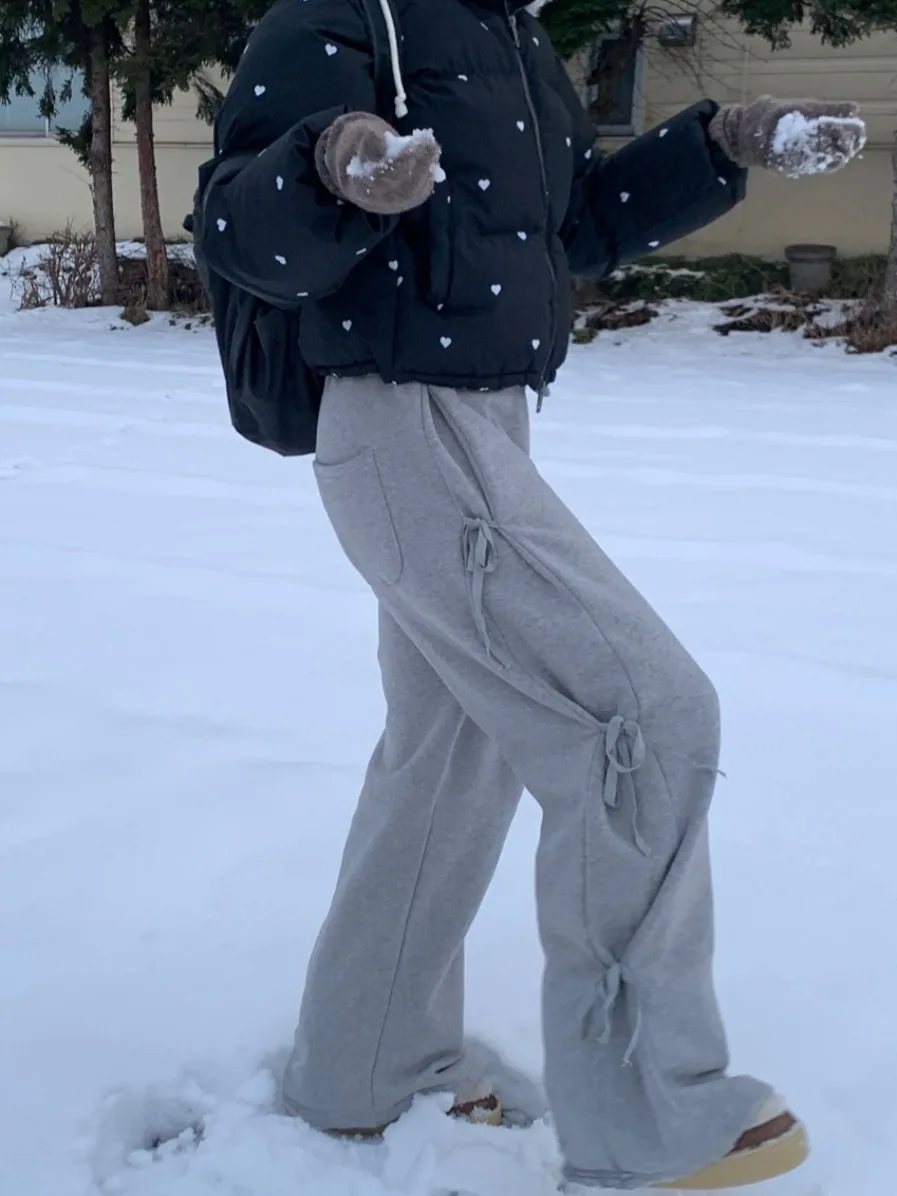 Fce Lined Autumn Winter  Knot Waist Sports Pants Wide Leg Casual Trousers Long Pants Women's Faion Streetwear