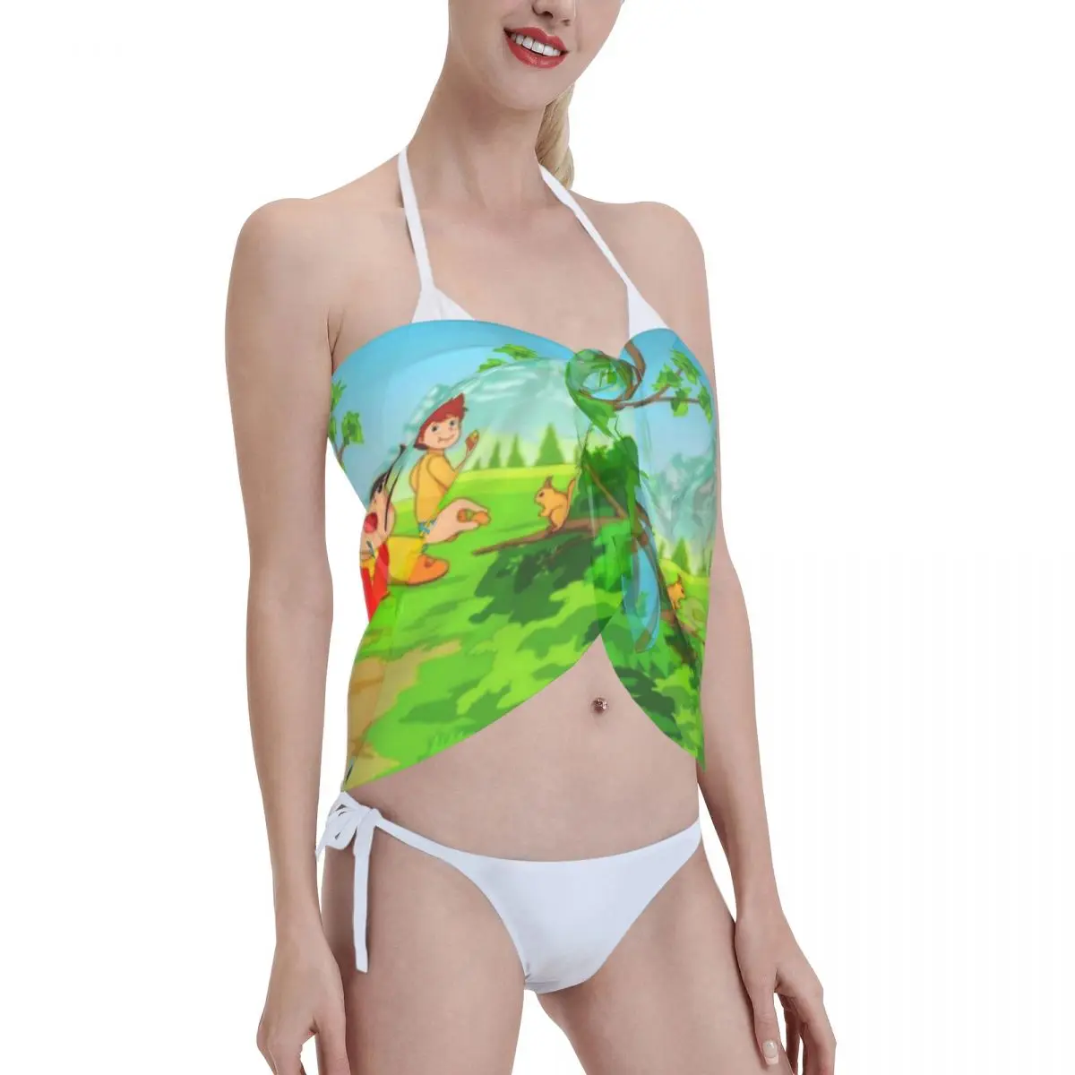 사용자 정의 하이디는 다람쥐 해변 비키니 랩을 발견했습니다. 만화 알프스 해변 비키니 커버 짧은 치마 쉬폰 스카프 커버 업