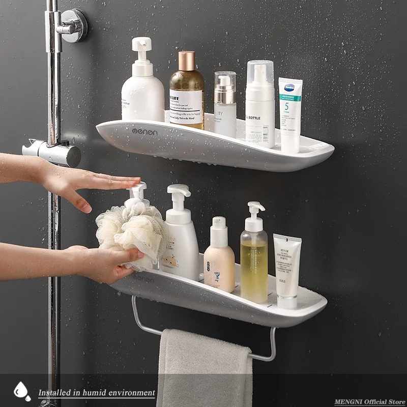 MENGNI Wall Mounted Bathroom Shelf, Storage Rack Holder, Shampoo Spices Shower Organizer, Bathroom Accessories with Towel Bar