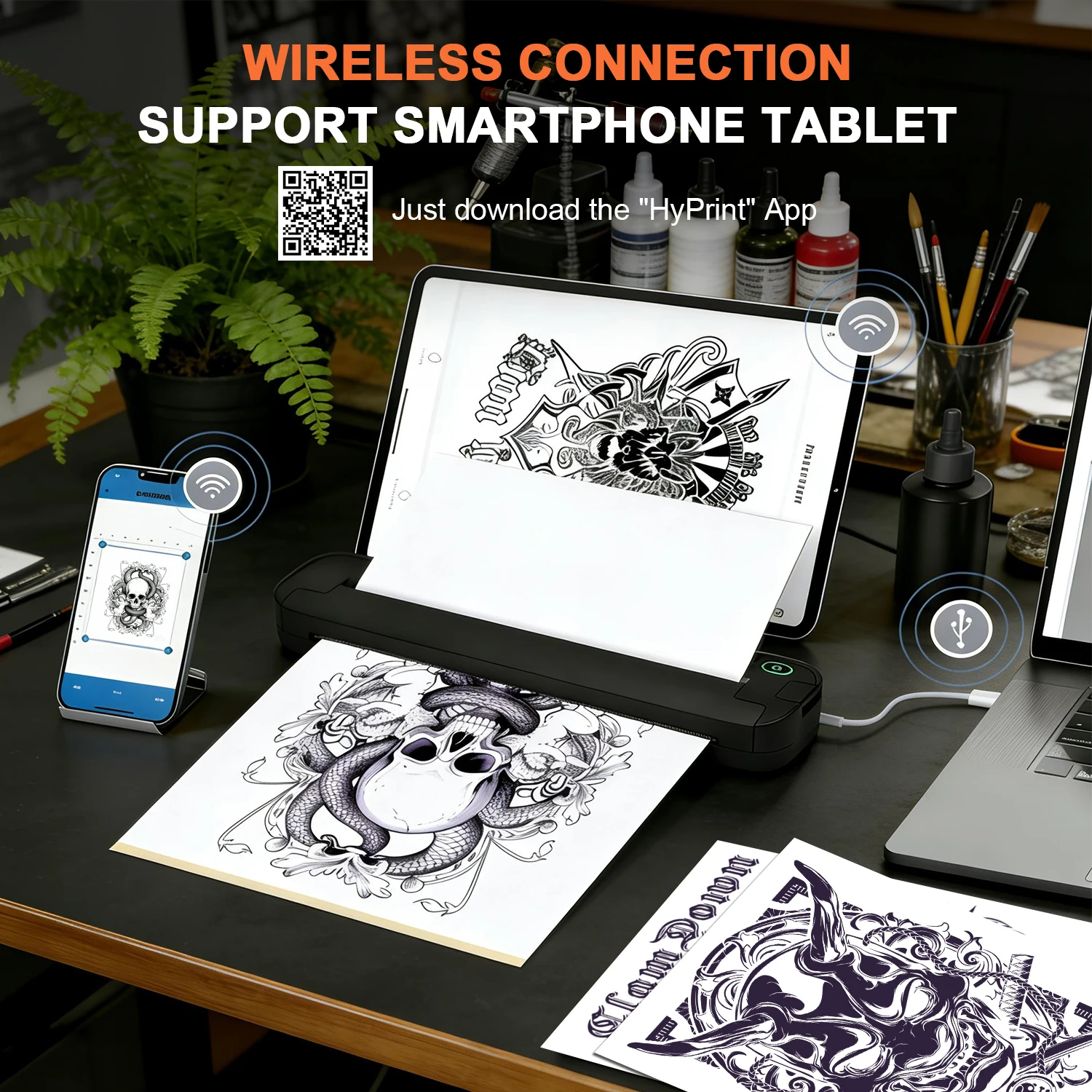 

Беспроводной Bluetooth-принтер для тату-трафаретов, портативный термотрансферный копир с бумагой для переноса, совместим с телефоном/ПК