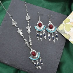 Stone Women Necklaces Sets Bohemian Vintage Alloy Leaves Tassels Gypsy Jewelry Sets Butterfly Carved Earrings Sets Femlae