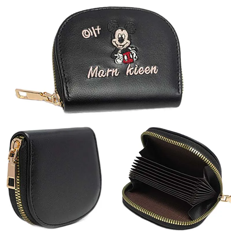 ديزني ميكي ماوس بطاقة حقيبة سستة المحفظة مع 8 فتحات بطاقة لطيف أنيمي محفظة نسائية للعملات المعدنية الأسود التطريز بو الجلود حامل بطاقة ضئيلة #1