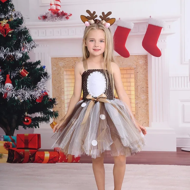 

Новая детская одежда на Рождество — рождественское платье принцессы с изображением оленя для выступления на сцене, комплект одежды для девочек