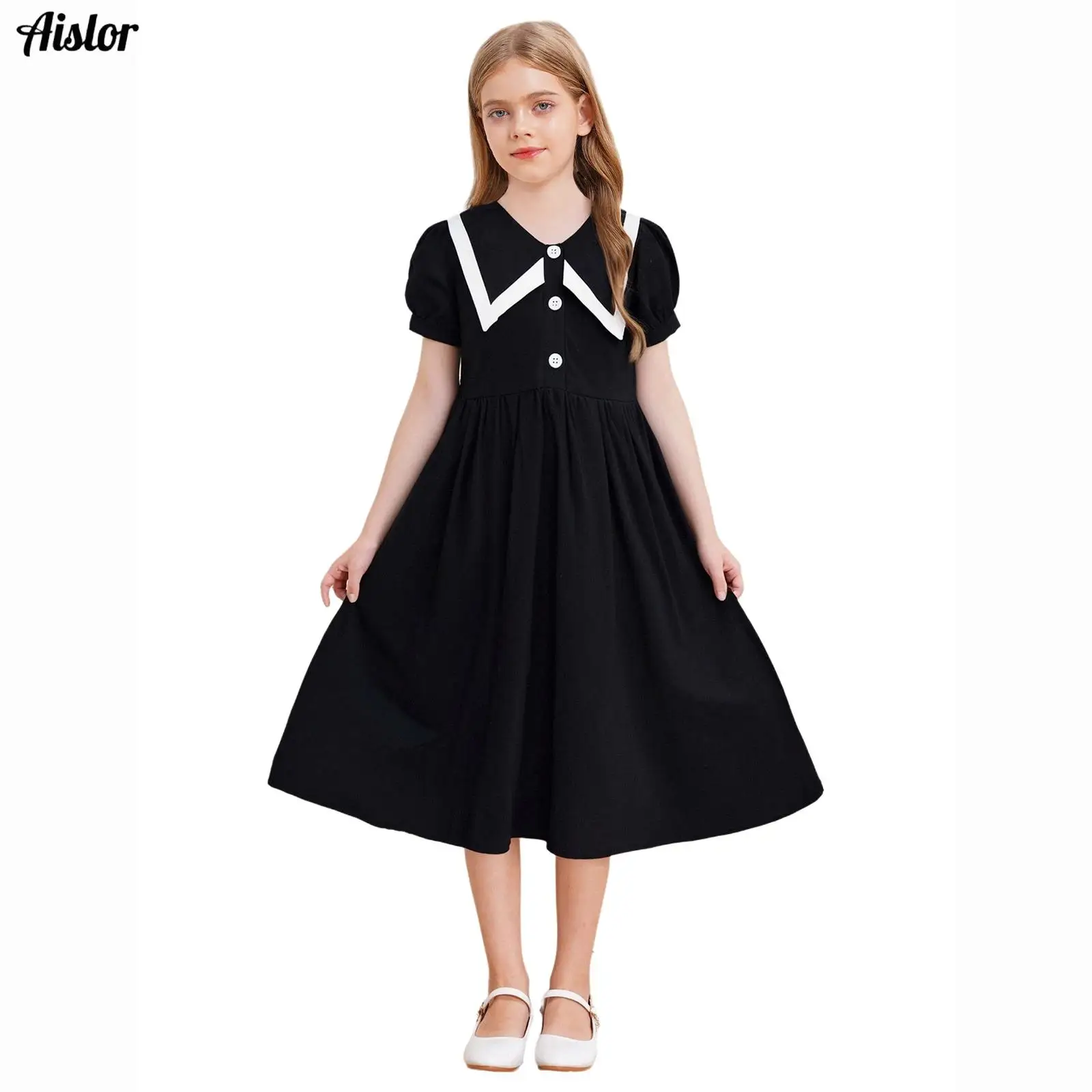 

Kids Girls Dress School Uniform Elegant Puff Sleeve Black White Doll Collar Dress Vacation Beach Birthday Party Princess Dress