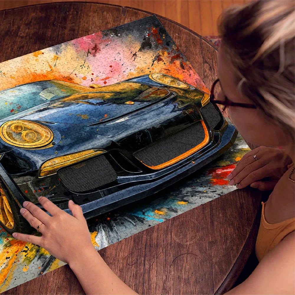 1000 Stück abstraktes Rennwagen-Puzzle – großes 500/1000 Stück Puzzle mit lebendigem Spritzwasserdesign, kratzfestes Papier, ideal für A