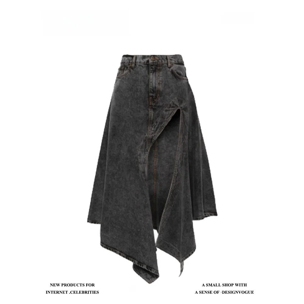 

Bla High Waist Patchwork Slim Fit Distred Denim Skirt for Women Autumn Winter Asymmetrical f-length Skirts