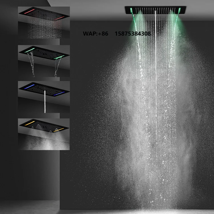 Newest Matte Black Bathroom Ceiling LED Shower Head Set Thermostatic Mist Spray Rainfall Waterfall Shower Faucet