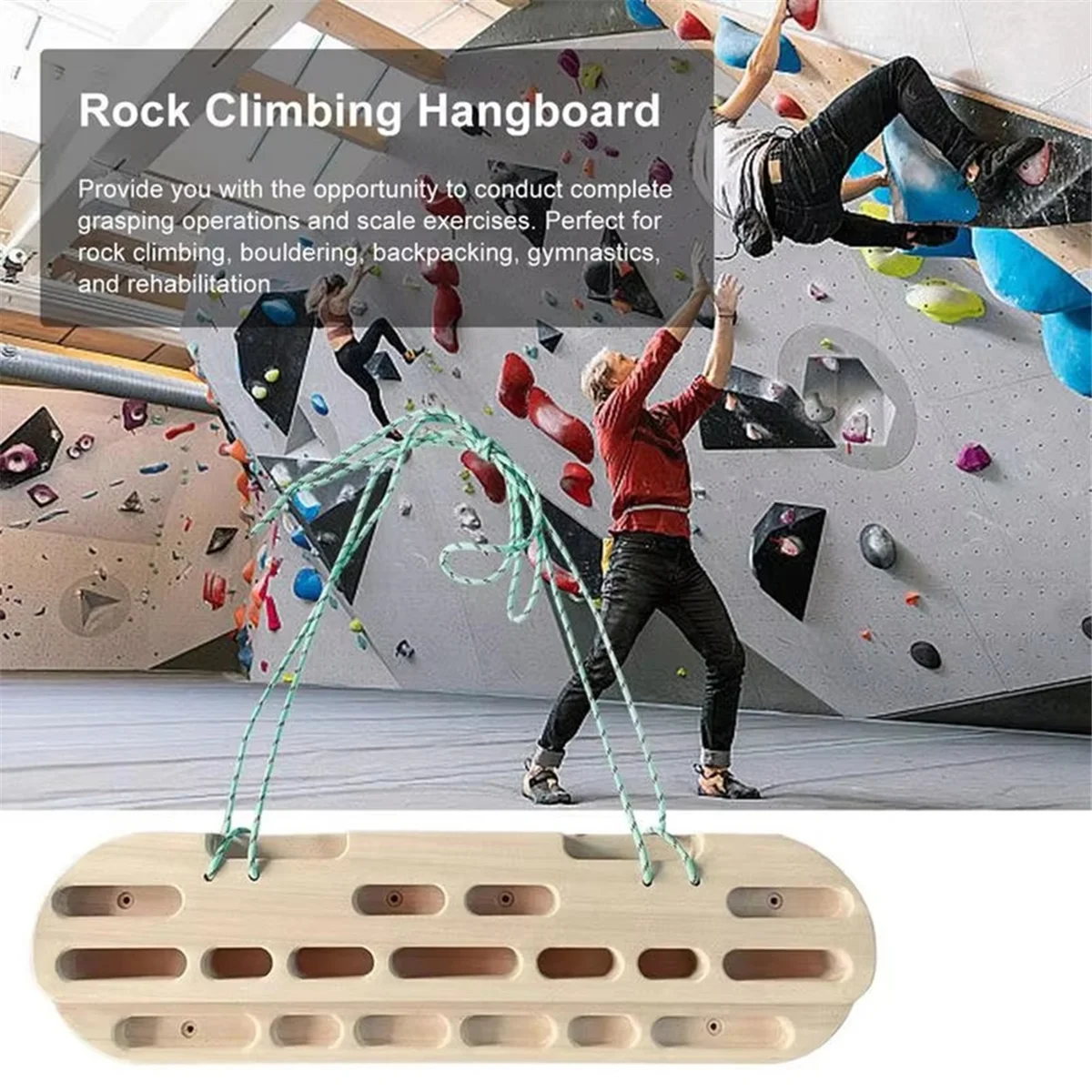 N18R Wooden Climbing Fingerboard with Hanging Rope, Indoor Outdoor Training Hangboard for Climbers and Athletes