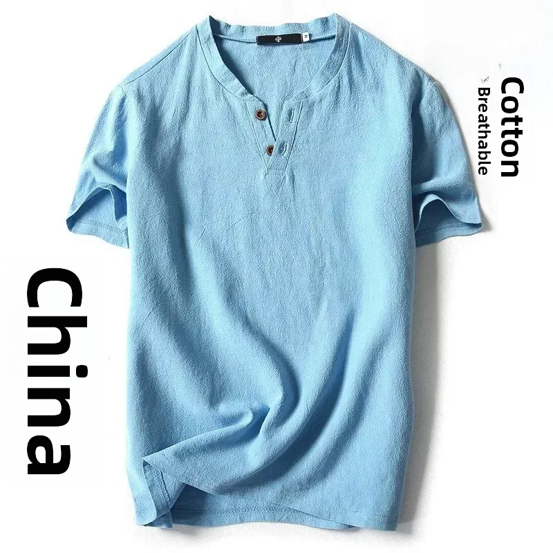 Men's Short Sleeve T-Shirt Linen Cotton Loose Fit Thin V-Neck plus Size Casual Comfortable Breathable Summer Top