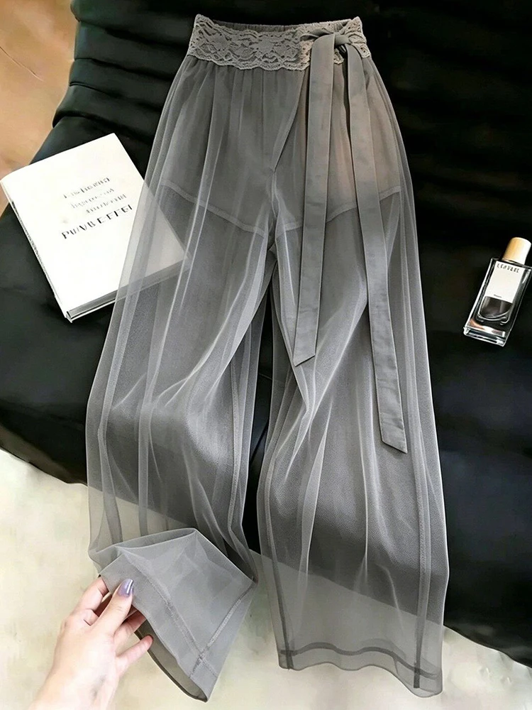 Sexy See Through Mesh Pants Women High Waist Lace Patchwork Bow Sweet Trousers Summer Fashion Female Elegant Loose Wide Leg Pant