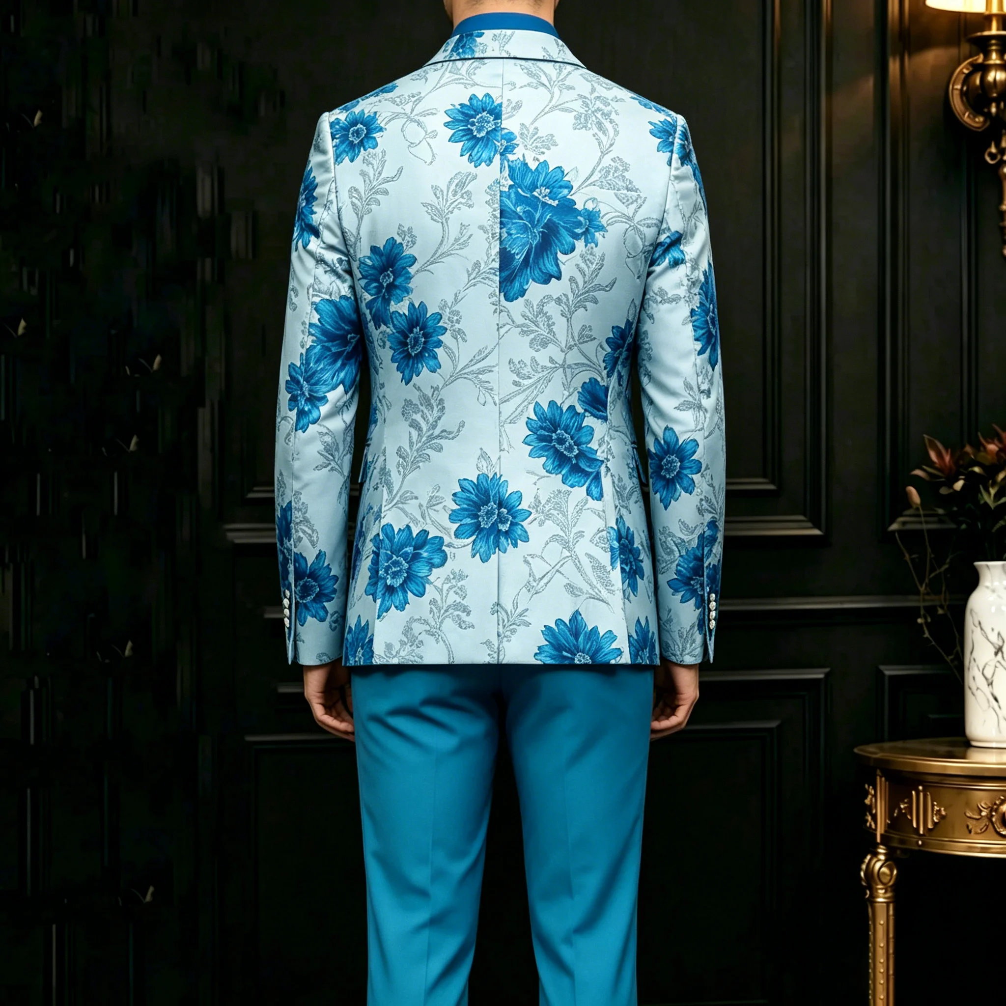 Men Suit 2 Pieces Blue Flower Pattern One Button Business Casual For  Wedding Birthday Party Set Jacket And Pants