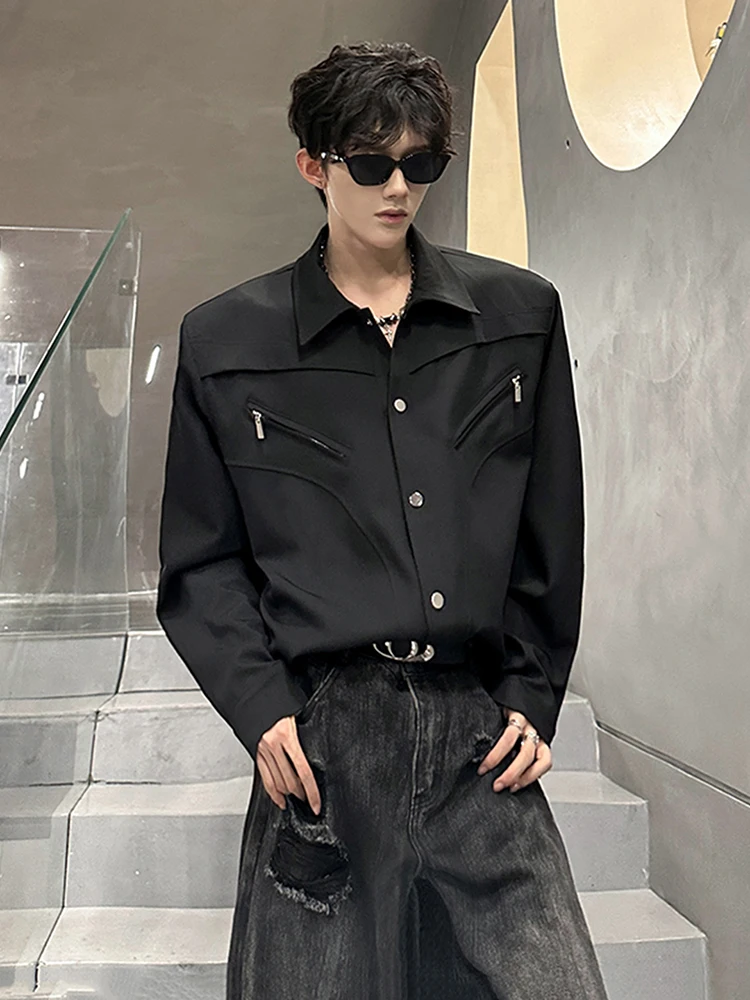 

Cool Men's Long Sve irt oulder Pads Pure Bla Deconstructed Zipper Design Sense High-End Silhouette Outerwear