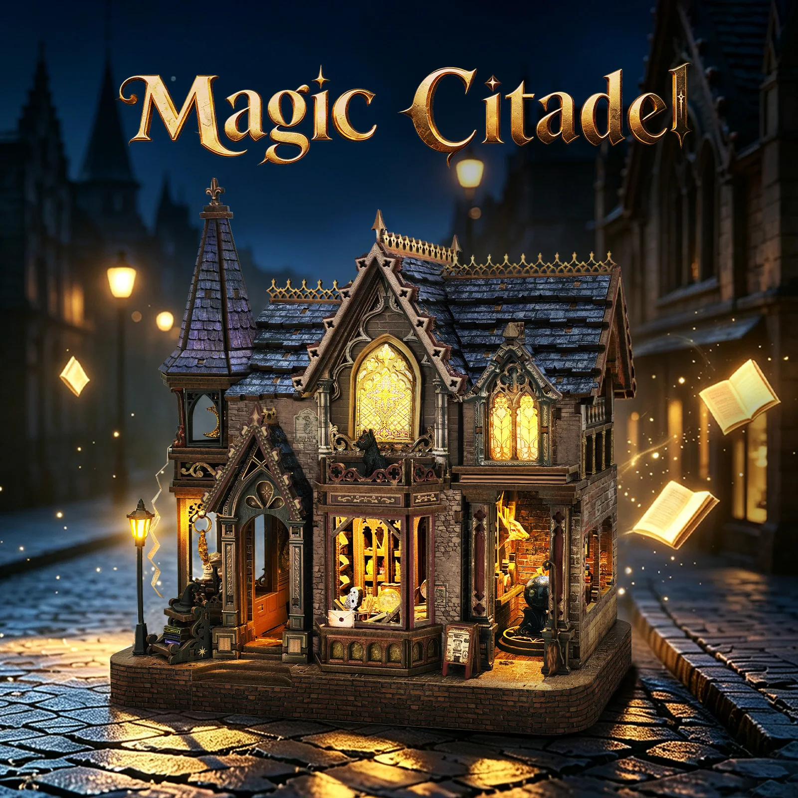 Magic City DIY Book Nook Kit, Wooden Miniature House Bookend with Touch LED Lights, 3D Puzzle Model, Micro Landscape Decor