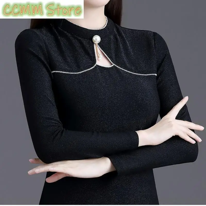 Elegant Clothing Black T-Shirts Autumn Half High Neck Long Sleeve Hollow Bottoming Vintage Fashion Temperament Slim Tops