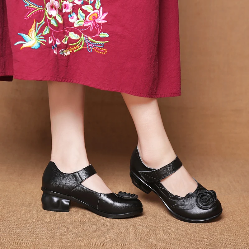 Vintage Cowhide Leather Sandals Women High Quality Mary Jane Shoes Low Heels Sandal With Flower Woman Chic Shoes Sandalias Mujer