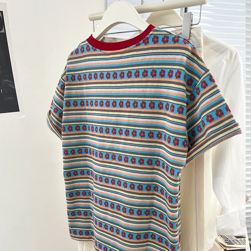 Women Summer New Chic T-Shirt Casual Retro Striped Short Sleeve T-shirt Streetwear  Round Neck Loose Tops