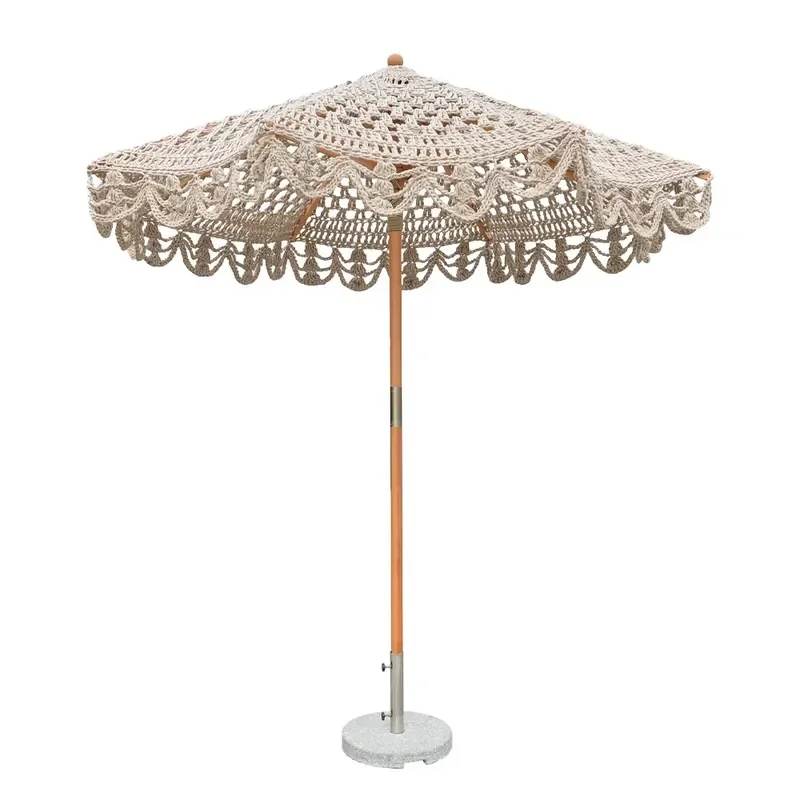 Bohemian cotton rope lace parasol 2.5m wooden pole hand fringed woven canopy beach umbrella