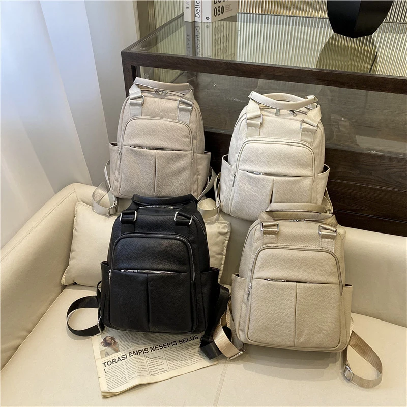 Simple High Quality PU Backpack Zipper Solid Durable Commuting Large Capacity Hand Bags for Women 2024 Fashion Versatile New