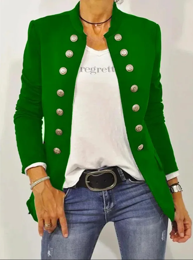 Fall 2023 solid black gray green/navy blue jacket Women long sleeve stand collar button decoration open stitch coat