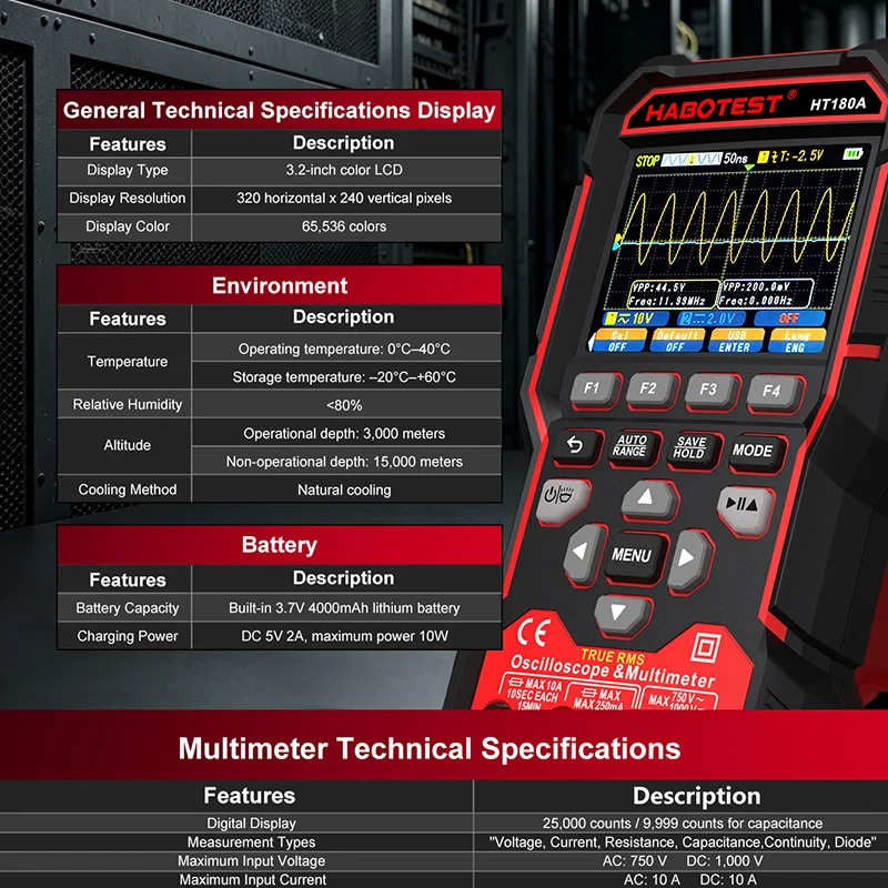 HT180A 3IN1 Dual Channel Digital Oscilloscope Multimeter 50MHz 25000 Counts 100MSa/s Signal Generator Portable Electrician Tool