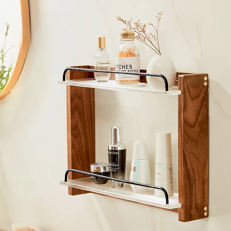 Black Walnut Bathroom Storage Holders Wall Hanging 2-3 Layer Acrylic Organizer No Punching Required Stylish Bathroom Storage