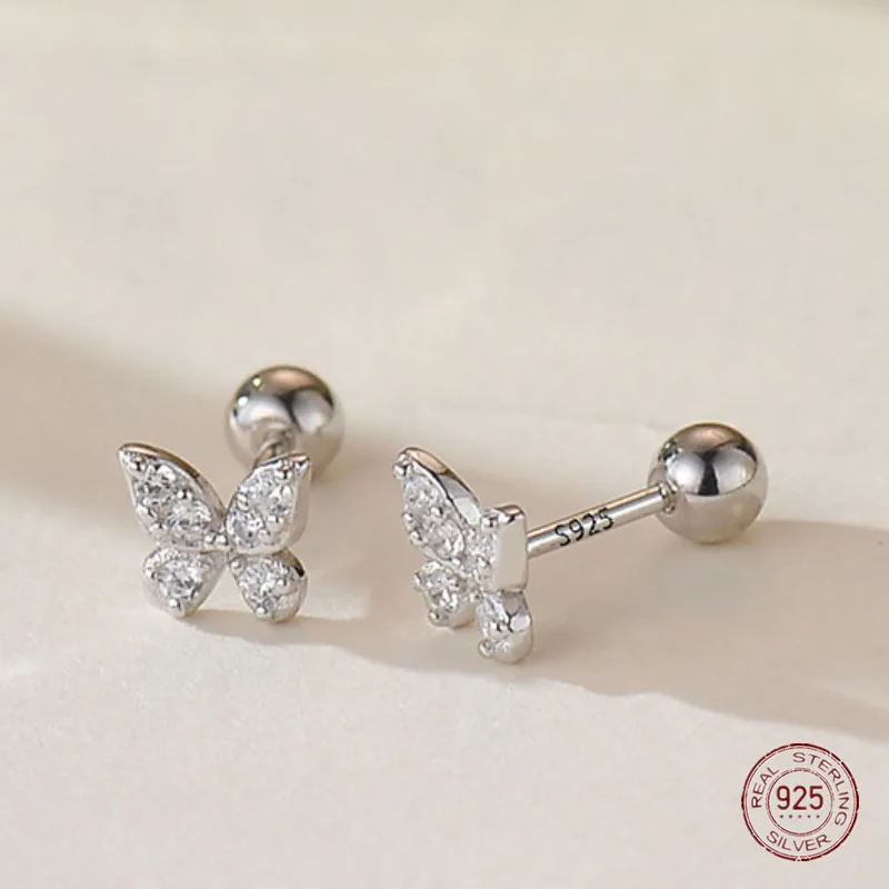 Pendientes de plata de ley 925 para mujer, aretes pequeños con diseño de tuerca de mariposa, insectos, circón, serie forestal, joyería de verano, 2023