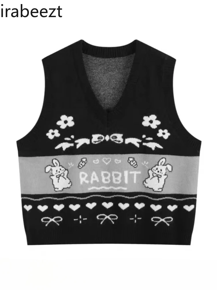 Cartoon Rabbit Jacquard Pattern V-neck Knitted Vest Casual Wear Women's Pre-fall Cute Age-reducing Sleeveless Sweater Waistcoat