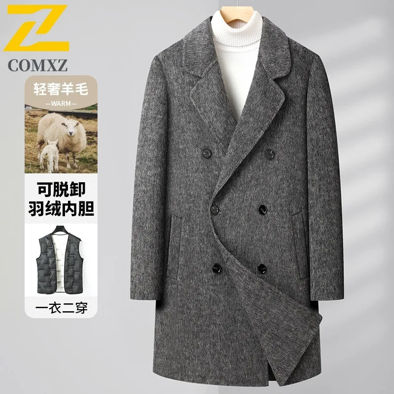 

COMXZ 2025 Мужская двусторонняя куртка со съемным пухом, шерстяная длинная двубортная деловая куртка, повседневная молодежная твидовая ветровка