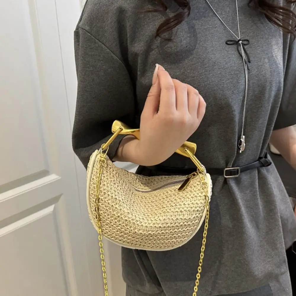 

Bohemian Half-Moon Weave Bag Hollowed Out Gold Handle Chain Crossbody Bag Handbag Large Capacity Beach Bag Messenger Bags