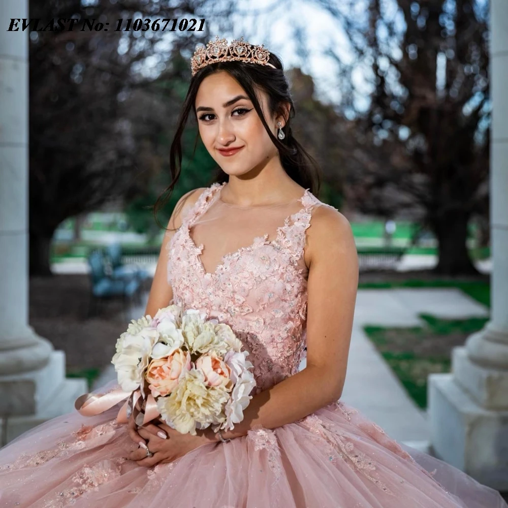 فستان إيفلاست الأميرة الوردي Quinceanera ، ثوب الكرة الوردي ، الدانتيل زين ، الكريستال مطرز ، مشد المكسيك ، الحلو 16 ، SQ601