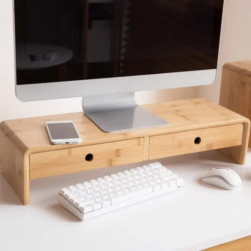 Minimalist Bamboo Monitor Stand,No-Install,Lifting Bracket,Office Desktop Drawer,Storage Box, Eco-Friendly Riser, Stylish Holder