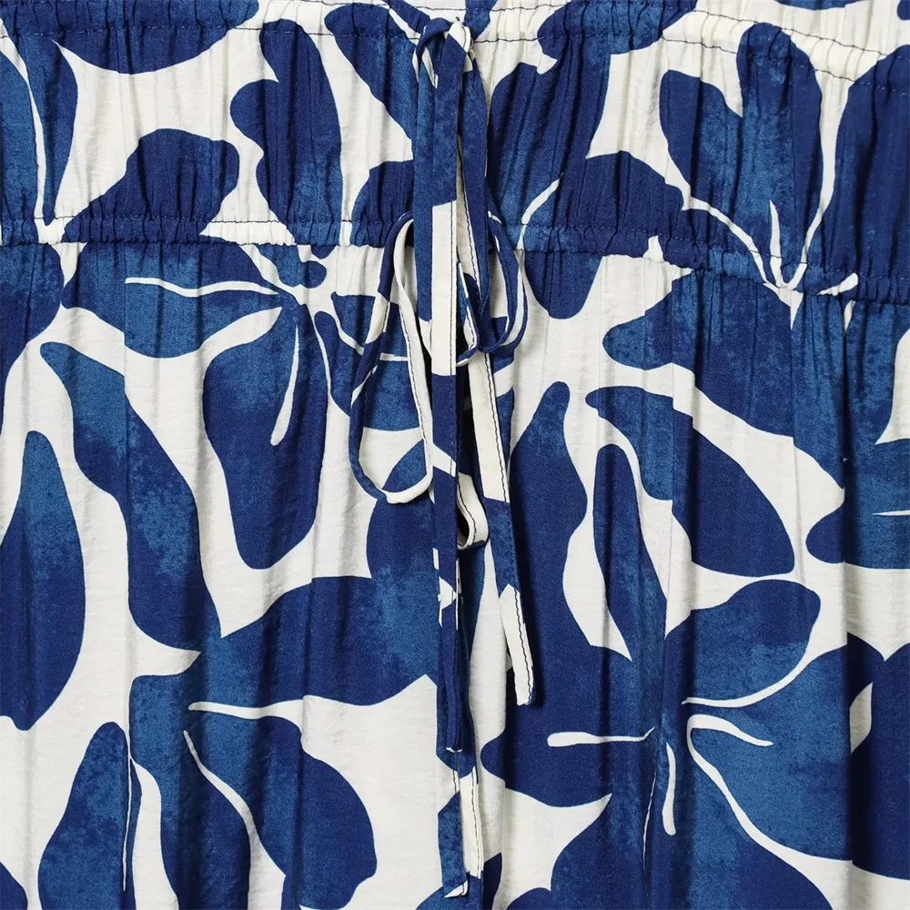 BM&MD&ZA2025niche temperamento decote em V sem mangas plissado cintura design flor impressão vestido verão novas roupas femininas