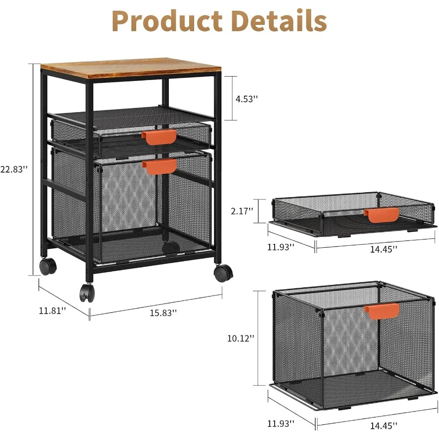 Rolling File Cabinet with Handle Mobile File Cabinet on Lockable Wheels for Efficient Office Filing Organization Printer Stand