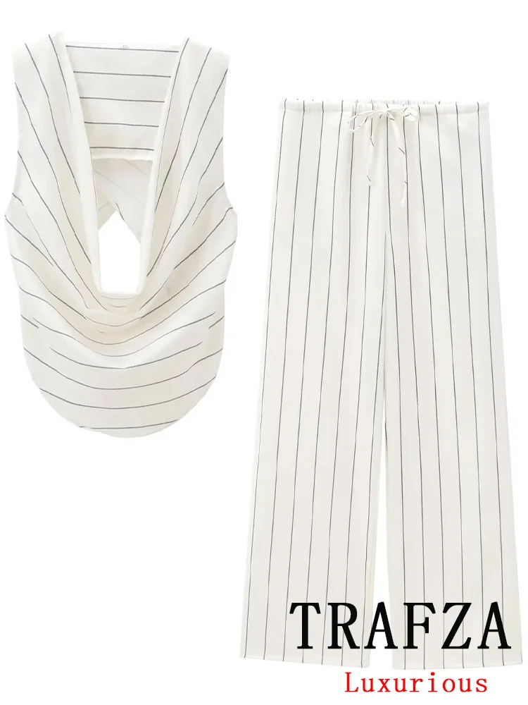 TRAFZA Vintage Casual Chic Women Suit Striped Fold Sleeveless Top Long Straight Pants New Fashion 2024 Holiday Autumn Suits