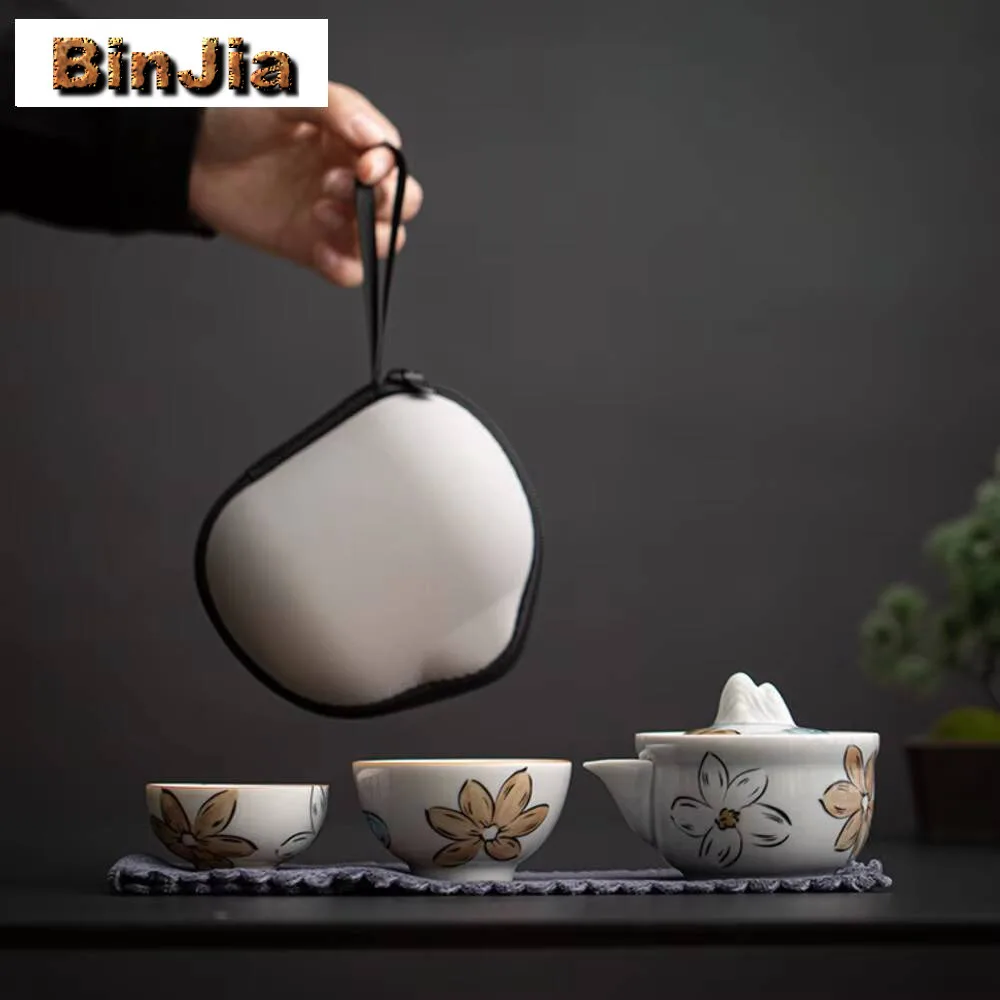 

Изысканный керамический чайный сервиз с ледяным серым цветком, 1 горшок, 2 чашки, портативная сумка для кемпинга, улицы, аксессуары, подарок для рукоделия